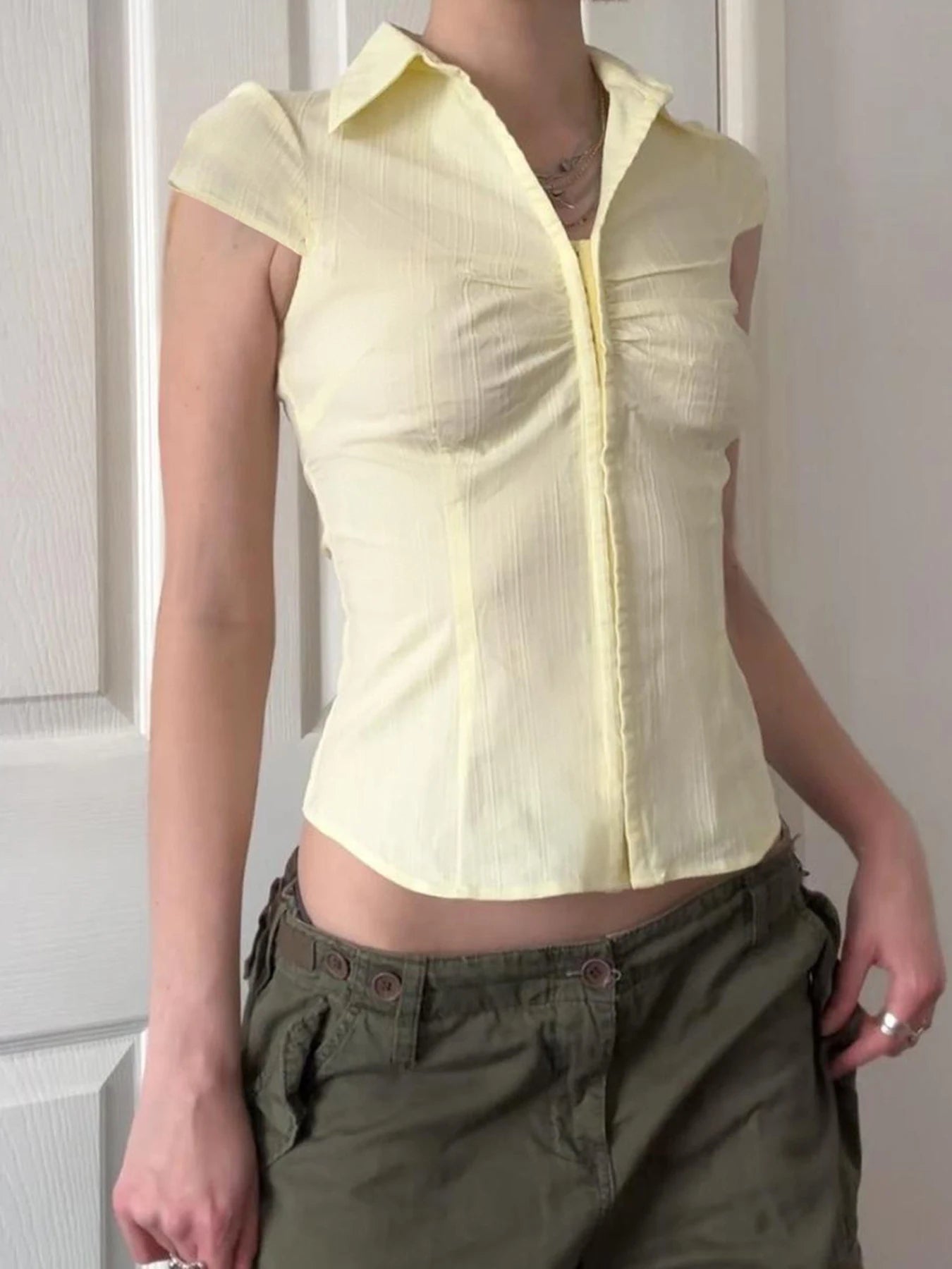 fashionHook V-neck Solid Fold Blouses Casual Streetwear Vintage 90s Short Sleeved Summer Tees Vintage Slim Sexy Tops