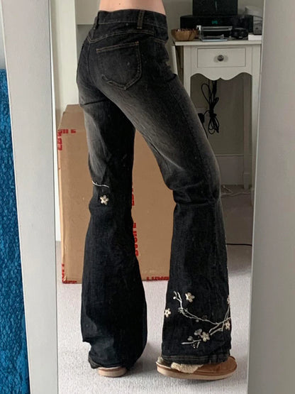 fashion Plant Embroidery Slim Denim Flared Pants Fashion Vintage Chic Retro Sexy Classic Bottoms Solid Streetwear Jeans