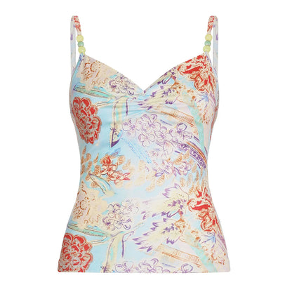fashionFloral Print Sexy Chic Camisole Beads Vintage Streetwear Slim Backless Elastic Top Summer Hottie Aesthetic Bustier