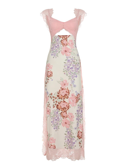 fashion Floral Print Lace Patchwork Dresses Sexy Hollow Out Slits Party Dress Summer Chic Harajuku Vacation Long Outfits