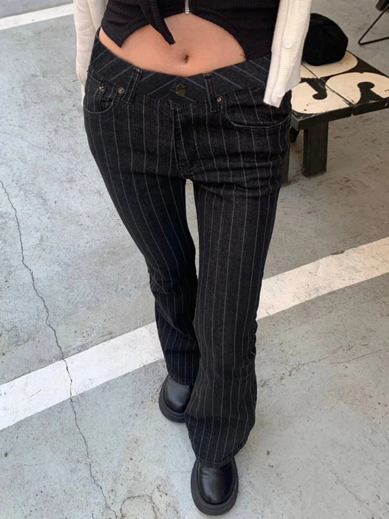 fashionStripe Slim Vintage Chic Jeans Zipper Pockets Fashion Low Waisted Button 90s Pants Streetwear All-match For Women