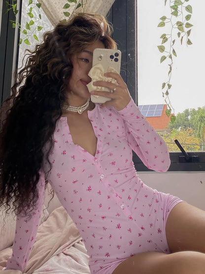 fashion Floral Print Chic Rompers for Women Aesthetic Crewneck 2000s Long Sleeves Jumpsuits Sweet Korean Harajuku Cloth
