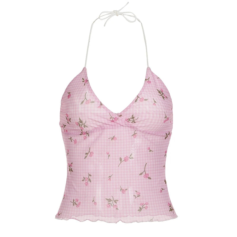 fashionSexy Plaid Floral Print Halter Neck Backless Sleeveless Bow Hottie Slim Sweet Camisole Streetwear Y2k Crop Top