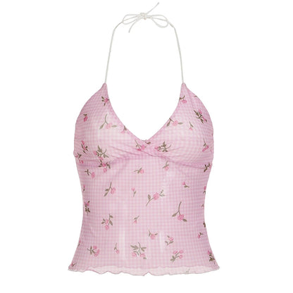 fashionSexy Plaid Floral Print Halter Neck Backless Sleeveless Bow Hottie Slim Sweet Camisole Streetwear Y2k Crop Top