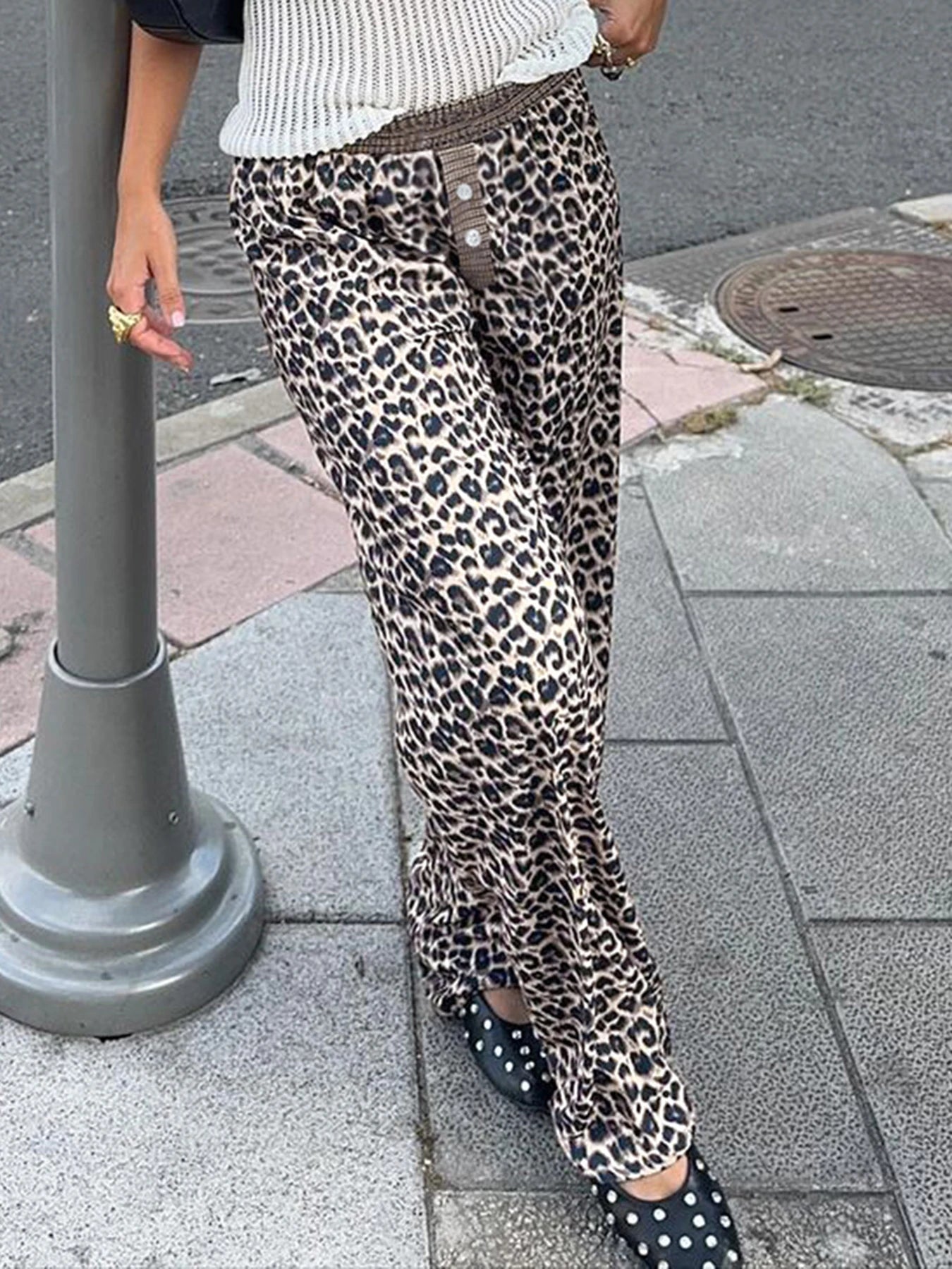 fashion Leopard Print Patchwork Straight Pants Elastic Waist Fashion Harajuku Trousers Aesthetic 2000s Casual Baggy Bottom