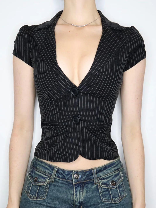 fashionStripe Button Crop Basic Tops 90s Casual Slim Sexy Fashion Y2k Streetwear Clothings Hottie Classic V-neck Outfits