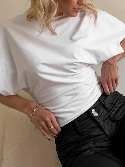 fashion Crewneck Solid Loose Crop Tops Slim All-match Basic Streetwear Shirt Chic Summer Elastic Vintage Bodycon Clothes