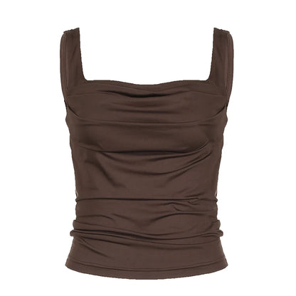 fashion Basic Sexy Women's Tank Top All-matck Solid Sleeveless Fashion Cute Crop Clothes Square Collar Slim Chic Folds Tee