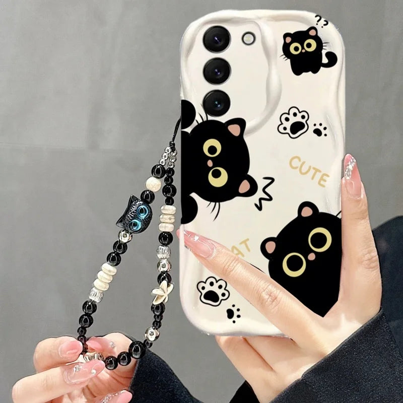 Black Cat Chain Phone Case For Samsung Galaxy A56 A55 5G A15 A54 A16 A17 A07 A35 A26 A36 A06 A25 A34 S25 S24 Ultra S23 Plus FE