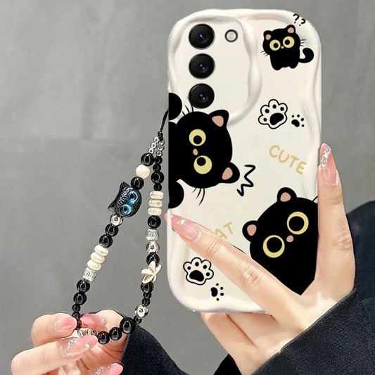 Black Cat Chain Phone Case For Samsung Galaxy A56 A55 5G A15 A54 A16 A17 A07 A35 A26 A36 A06 A25 A34 S25 S24 Ultra S23 Plus FE