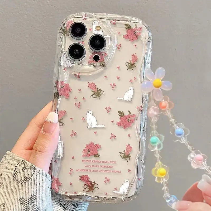 3D Flower Chain Lanyard Phone Case For Redmi Note 13 Pro Plus 5G 13C 4G Soft Wavy Edge Oil Painting Flowers Protective Cover