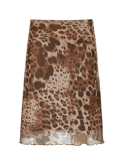 fashion Vintage Leopard Print Y2K Skirts Two-layers Aesthetic 90s Straight Bottoms Fashion Cute Elastic Waist Chic Skirts