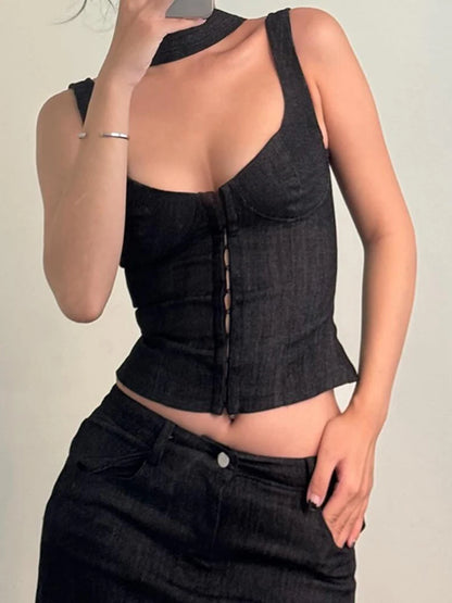 fashion Sexy Deep V-neck Hook Camisole Sleeveless All-match Slim Bodycon Chic Cropped Top Streetwear Lace-up Hottie Outfit