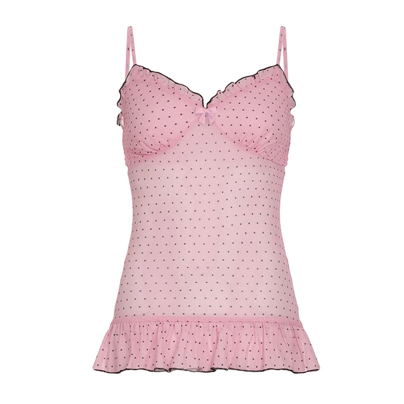 fashion Polka Dot Bow V-neck Backeless Camisole Sexy Slim Chic Vintage Sleeveless Tops Bodycon Sweet Streetwear Bustiers