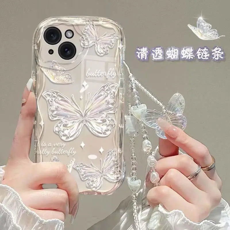 Korean Butterfly Lanyard Case For Huawei Honor 90 Lite 20 50 SE Nova 5T 11 7 9 10 P30 P40 Mate 30 40 Pro Hang Chain Clear Cover