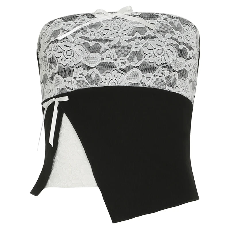 fashionLace Patchwork Slit Sweet Camisole Elastic Sexy Slim Backless Summer Sleeveless Clothings Chic Streetwear Outfits