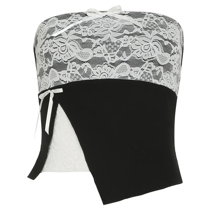 fashionLace Patchwork Slit Sweet Camisole Elastic Sexy Slim Backless Summer Sleeveless Clothings Chic Streetwear Outfits