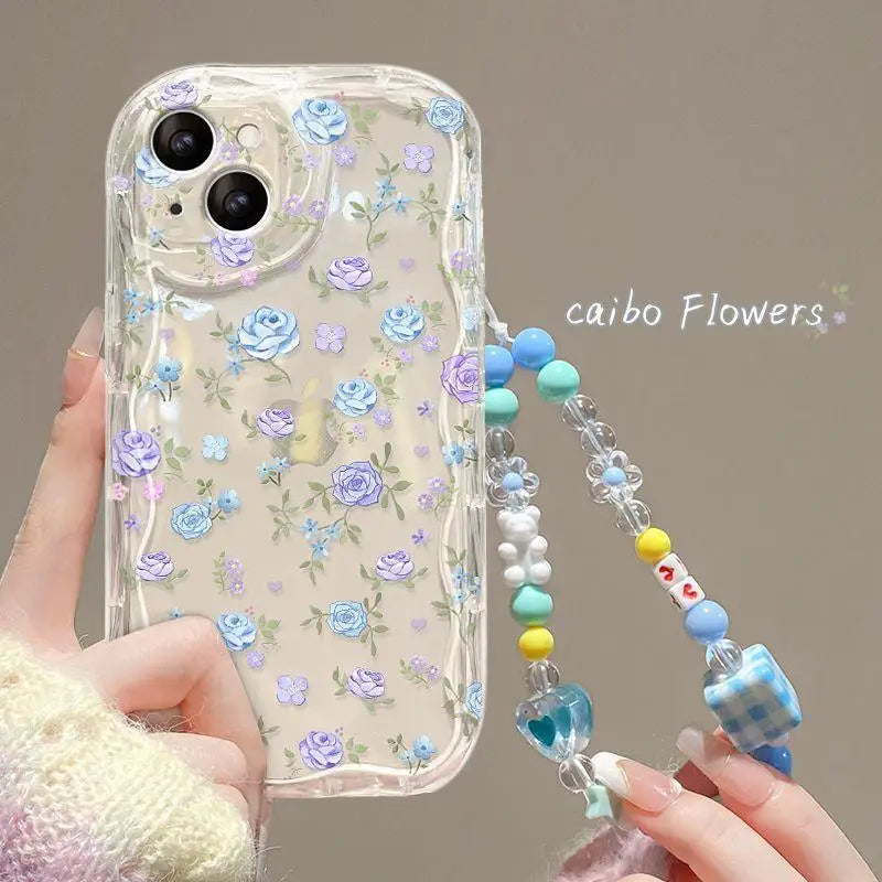 3D Flower Chain Lanyard Phone Case For Redmi Note 13 Pro Plus 5G 13C 4G Soft Wavy Edge Oil Painting Flowers Protective Cover