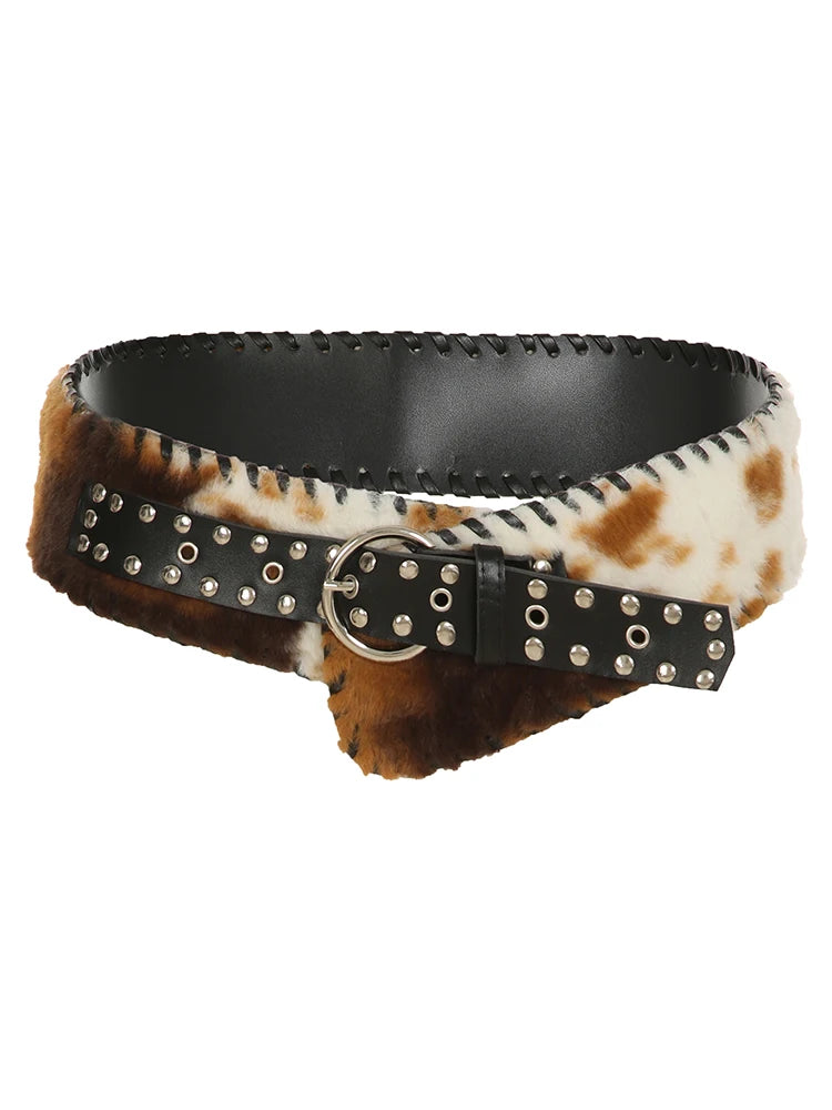 fashion New Cow Stripe Furry PU Belts Fairycore Grunge Leather Sashes Y2K Fashion Aesthetic Chic Adjustable Accessories