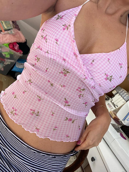 fashionSexy Plaid Floral Print Halter Neck Backless Sleeveless Bow Hottie Slim Sweet Camisole Streetwear Y2k Crop Top