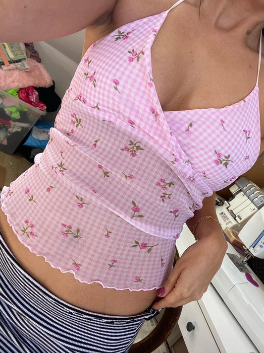 fashionSexy Plaid Floral Print Halter Neck Backless Sleeveless Bow Hottie Slim Sweet Camisole Streetwear Y2k Crop Top