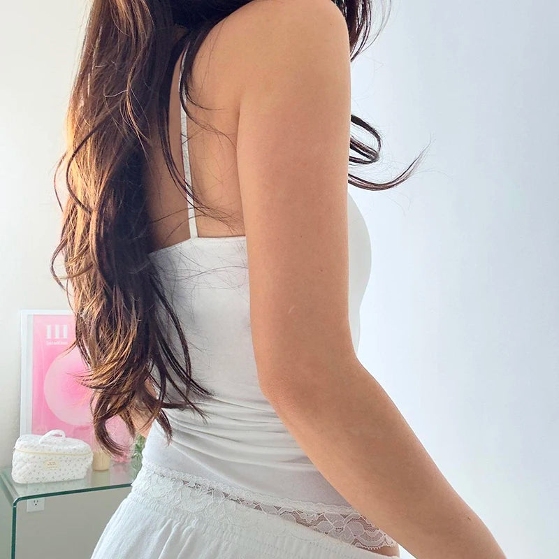 fashionLace Patchwork Solid Camis Sleeveless Bow Spagetti Strap Y2K Top Aesthetic 90s Harajuku Cute Women's White Outfits