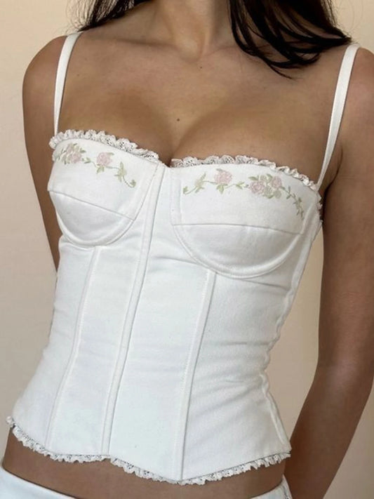 fashionFloral Embroidery Summer Camisole Backless Slim Sexy Hottie Casual Sleeveless Crop Tops Basic Streetwear Clothings