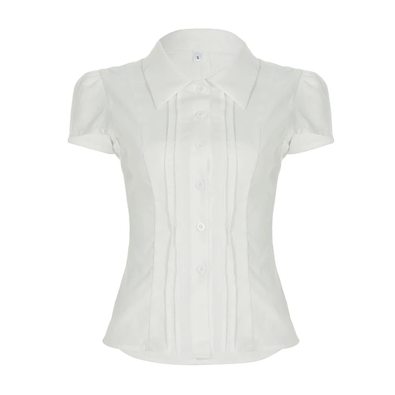 fashion Solid Lapel Button White Blouses Slim Classic Fashion Streetwear All-match Patchwork Tops Chic 90s Vintage Clothes