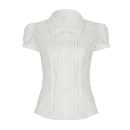 fashion Solid Lapel Button White Blouses Slim Classic Fashion Streetwear All-match Patchwork Tops Chic 90s Vintage Clothes