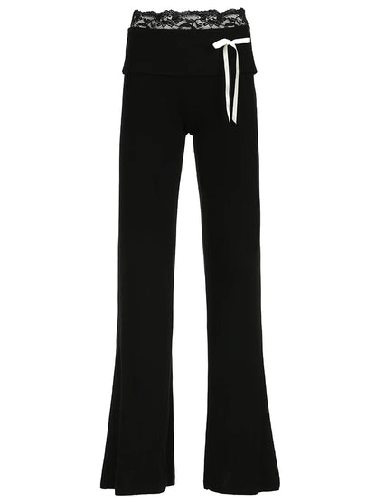 fashionLace Patchwork Bow Straight Pants Y2K Fashion Aesthetic Cute Trousers Harajuku Streetwear Joggers 2000s Bottoms