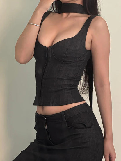 fashion Sexy Deep V-neck Hook Camisole Sleeveless All-match Slim Bodycon Chic Cropped Top Streetwear Lace-up Hottie Outfit