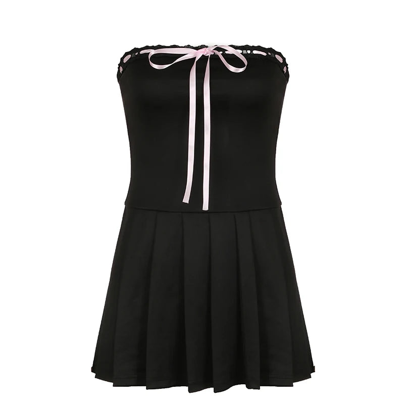 fashion Cute Patchwork Mini Dresses for Women Off Shoulder Chic A-line Party Dress Fashion Lace-up Black Summer Clothes