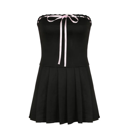 fashion Cute Patchwork Mini Dresses for Women Off Shoulder Chic A-line Party Dress Fashion Lace-up Black Summer Clothes