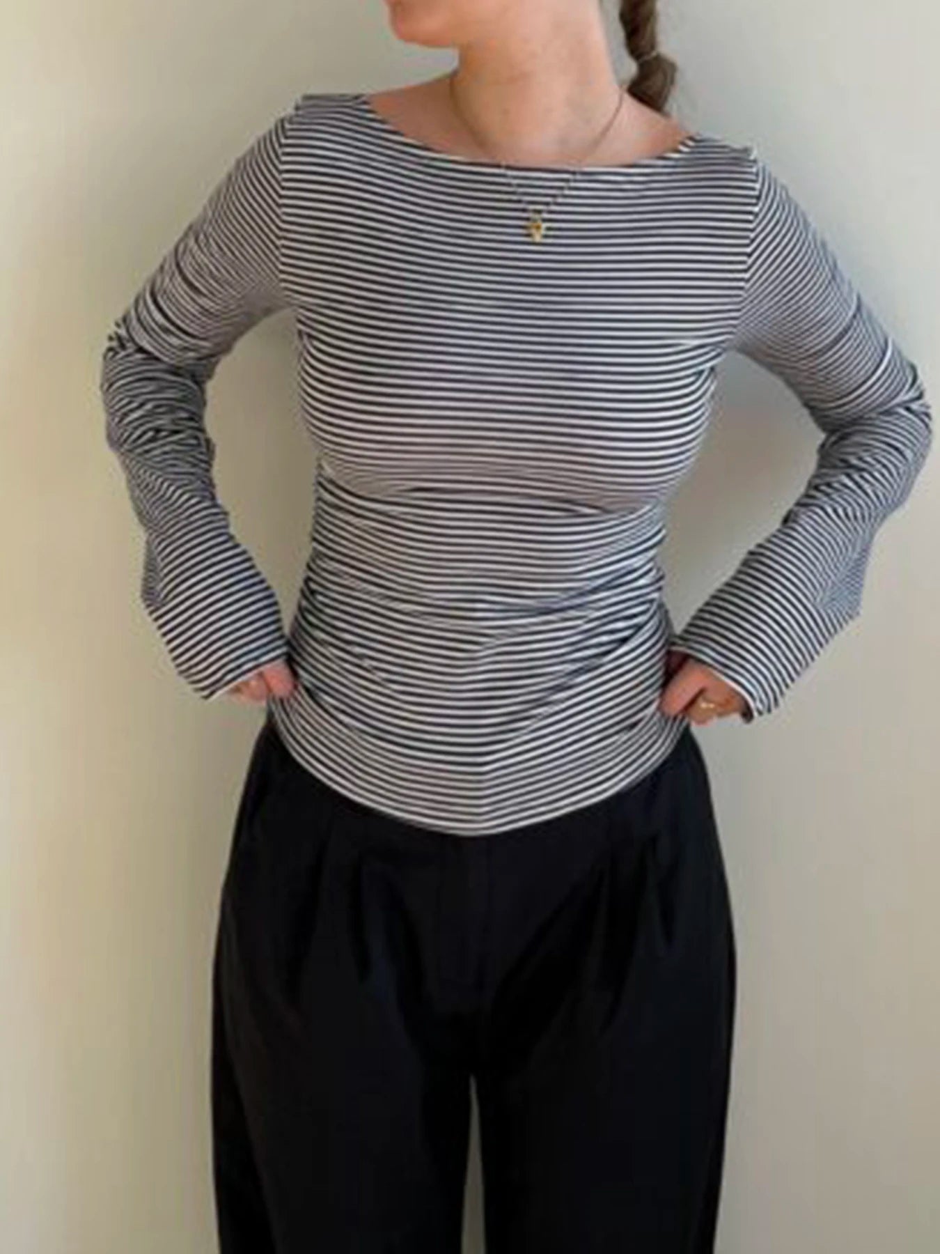 fashionStriped Print Crewneck Tops Backless Long Sleeves Vintage Harajuku Slim Shirts Streetwear Fashion Cute Korean Tees