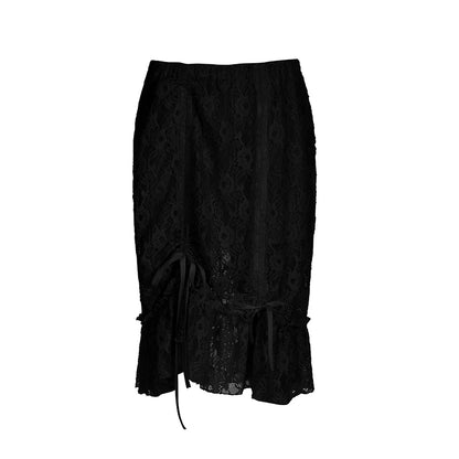 fashion Vintage Shirring Long Skirts Y2K Aesthetic Chic Knee-Length Outfits Streetwear Casual Solid Lace Fashion Bottoms