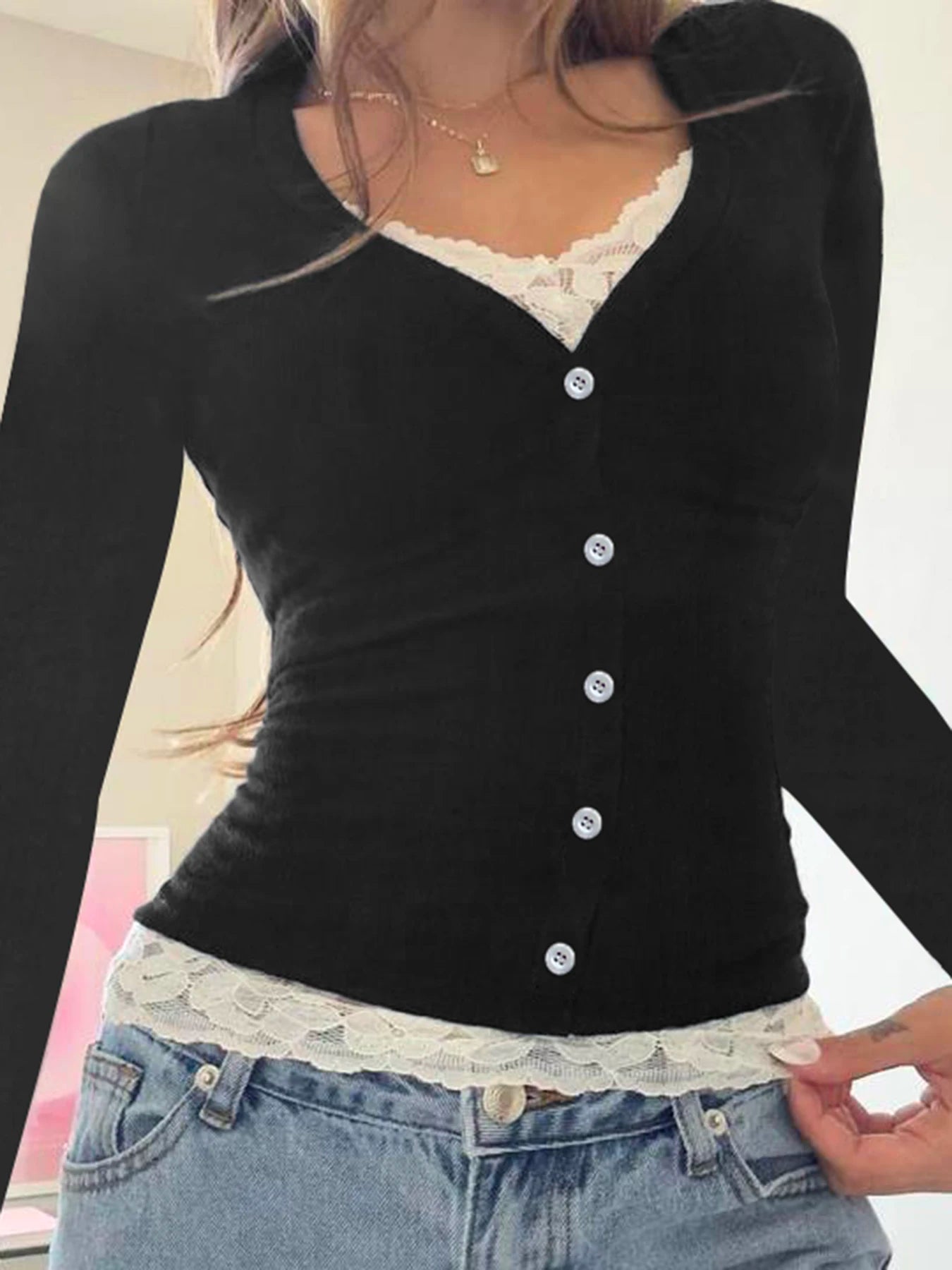 fashionColor Contrast Lace Patchwork Fake Two Pieces Tops Button Slim Casual Streetwear Clothes Basic Bodycon 90s Outfits