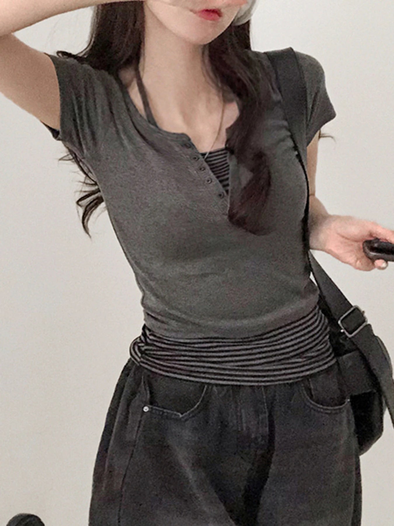 fashionStriped Button Halter Casual Two-piece Set Slim Summer Streetwear Elastic Vintage Suit Chic Basic Sexy Twinset