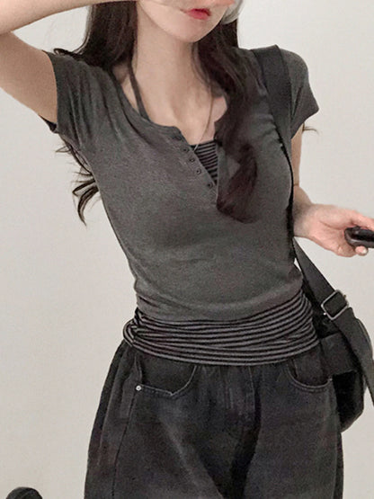 fashionStriped Button Halter Casual Two-piece Set Slim Summer Streetwear Elastic Vintage Suit Chic Basic Sexy Twinset