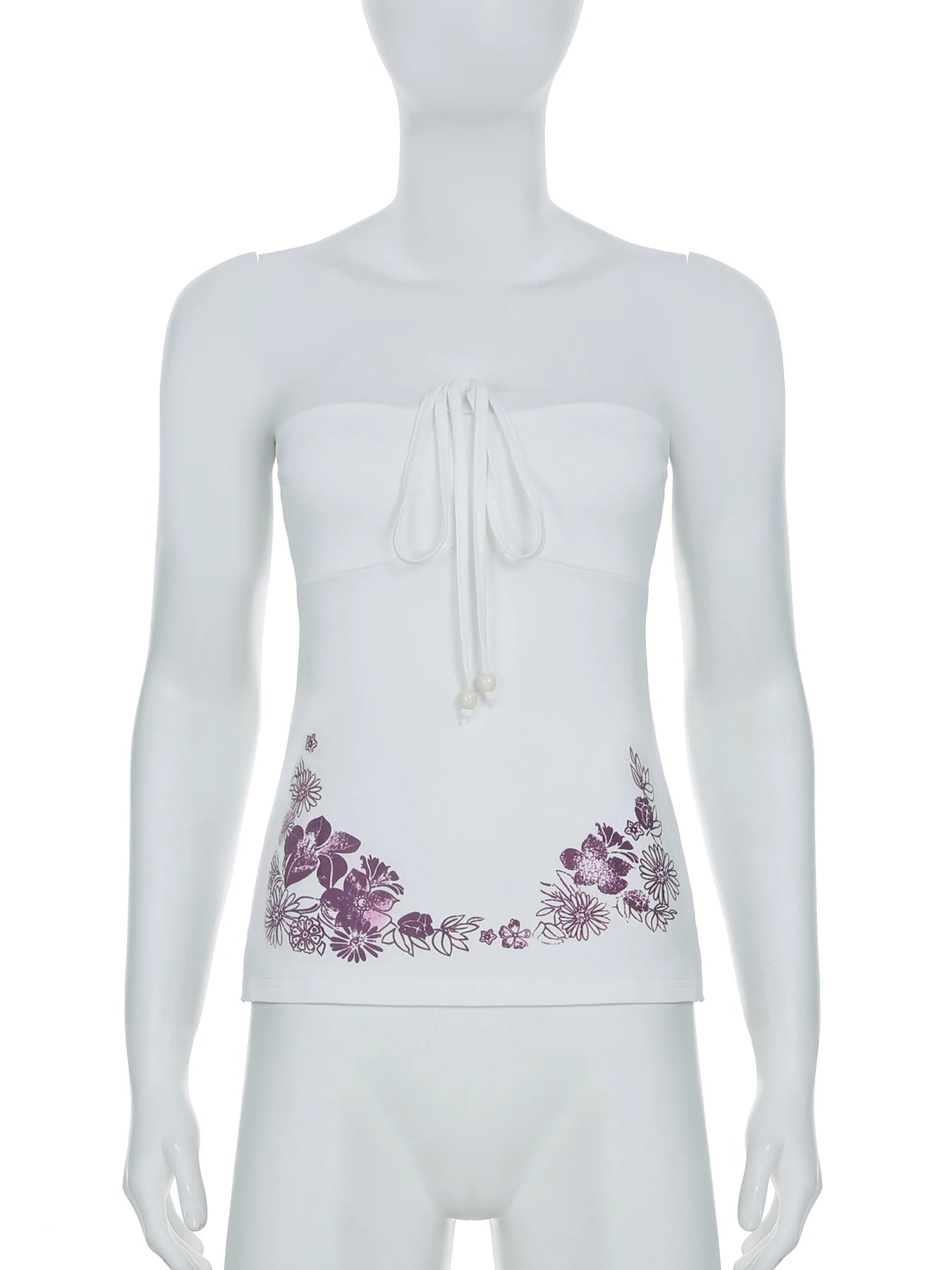 fashionSexy Bow Sleeveless Solid Camisole Floral Print White Summer Chic Vintage Strapless Top Slit Bodycon Women's Cloth