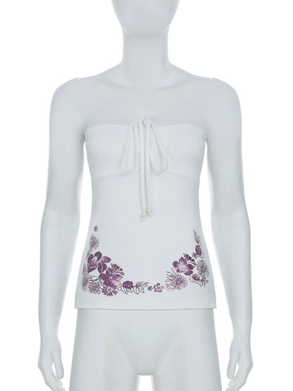 fashionSexy Bow Sleeveless Solid Camisole Floral Print White Summer Chic Vintage Strapless Top Slit Bodycon Women's Cloth