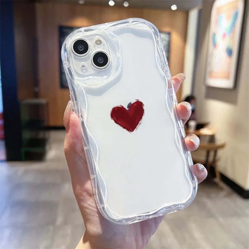 Flower Love Heart Cherry Phone Case For IPhone 16 15 Pro Max 14 11 13 12 Mini XR 8 7 Plus X XS SE 2020 2022 Soft Wavy Edge Cover