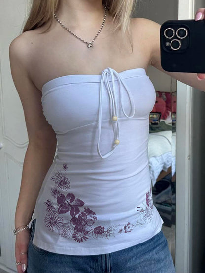fashionSexy Bow Sleeveless Solid Camisole Floral Print White Summer Chic Vintage Strapless Top Slit Bodycon Women's Cloth