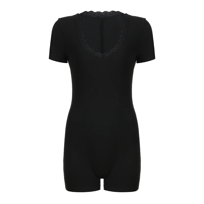 fashionShort Sleeves Slim Rompers for Women Lace Patchwork Casual Black Pullovers Streetwear Basic Fashion Y2K Jumpsuits