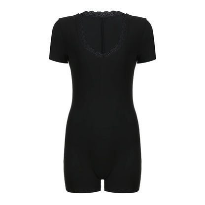 fashionShort Sleeves Slim Rompers for Women Lace Patchwork Casual Black Pullovers Streetwear Basic Fashion Y2K Jumpsuits