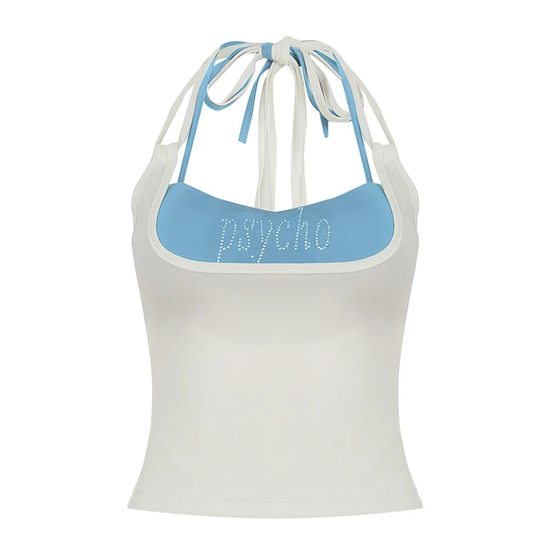 fashionColor Contrast Sexy Slim Two Pieces Top Letter Diamond Lace-up Casual Streetwear Clothes Halter Backless Outfits