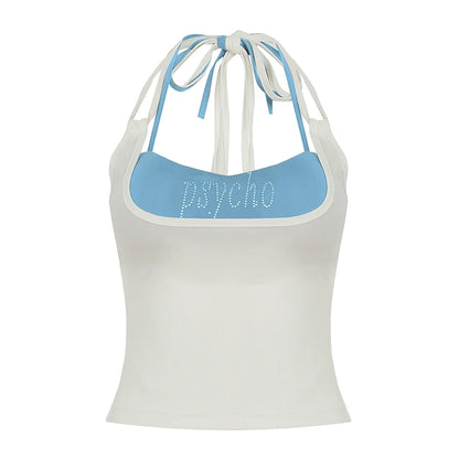 fashionColor Contrast Sexy Slim Two Pieces Top Letter Diamond Lace-up Casual Streetwear Clothes Halter Backless Outfits