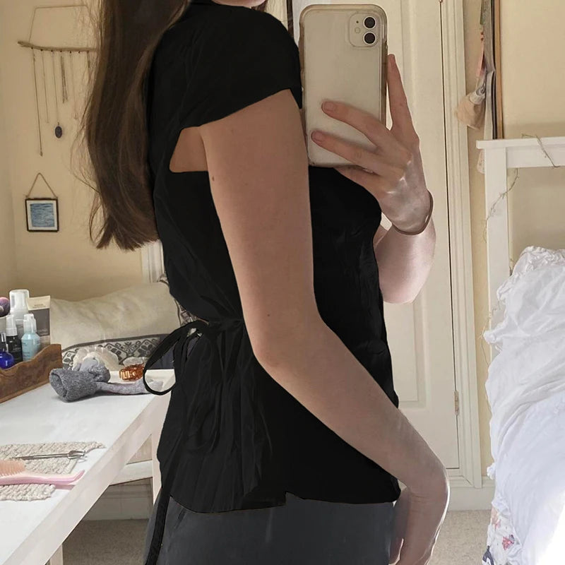 fashion Turn-Down Neck Solid Tee Shirts for Women Short Sleeves Aesthetic Y2K Tops Vintage Fashion Ruched Lace-up Clothes