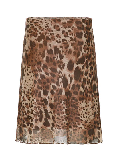fashion Vintage Leopard Print Y2K Skirts Two-layers Aesthetic 90s Straight Bottoms Fashion Cute Elastic Waist Chic Skirts