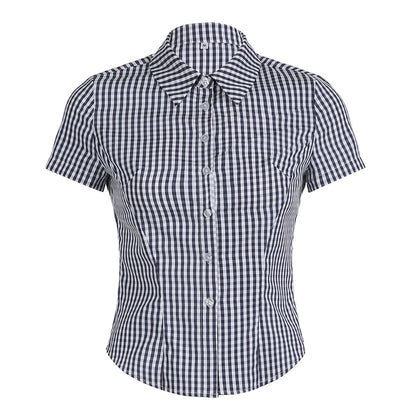 fashionPlaid Print Y2K Blouses for Women Button Up Chic Short Sleeves Outfits Tuurn-down Neck Vintage Aesthetic 2000s Top
