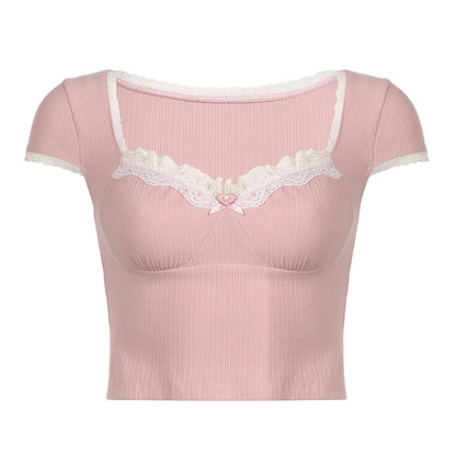 fashion Vintage Lace Patchwork Slim Sexy T-shirt Bow Square Collar Sweet Chic Streetwear Clothes Hottie Y2k Crop Tops